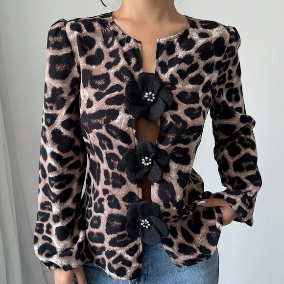 Black Casual Women's Elegant 3d Floral & Leopard Print Lantern Sleeve Blouse - Picture 5 of 5
